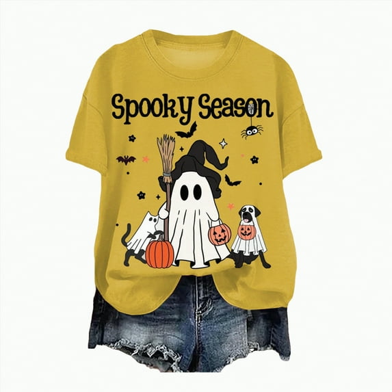 guuuGxd Woman Halloween Shirt Party T-Shirt Crewneck Short Sleeve Halloween Tshirts Women Yellow,L