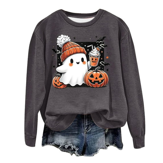 guuuGxd Women Crewneck Sweatshirts Pullover Tops Long Sleeve Shirts Loose Fit Tops Casual Fall Outfits Y2K Clothes Halloween Sweatshirts for Women 2025 Dark Gray,4XL