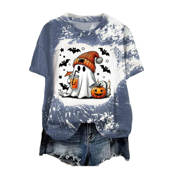 guuuGxd Women's Halloween Shirts Fall Doodles Crew Neck Shirt Funny Family Party Celebration Short Sleeve Halloween T-Shirts for Women Pumpkin Graphic Tops Navy,XXL