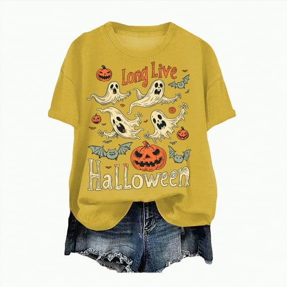 guuuGxd Womens Halloween Shirt Fall Doodles Crew Neck Shirt Funny Family Party Celebration Short Sleeve Halloween Tshirt Women Pumpkin Graphic Tops Yellow,XL