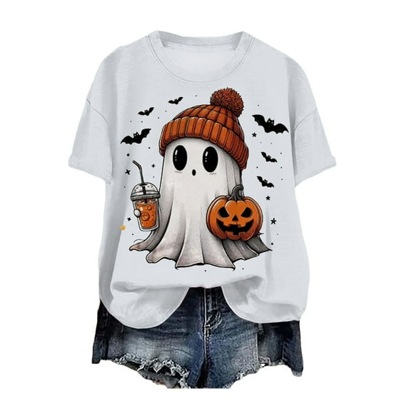 guuuGxd Womens Halloween Shirts Party T-Shirt Crewneck Short Sleeve Halloween T Shirts for Women White,L