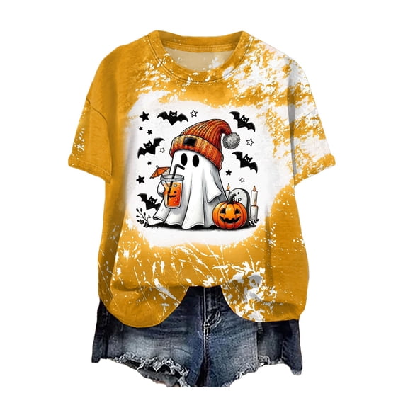 guuuGxd Womens Halloween Shirts Party T-Shirt Crewneck Short Sleeve Halloween Tshirt Women Yellow,S