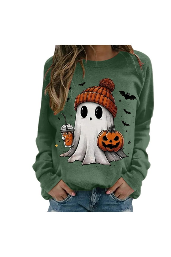 Womens Halloween Sweatshirt Round Neck Sweatshirts for Women Ghosts/Pumpkin Graphic Cute Shirts Fall Crewneck Sweatshirt Basic Tops 2025 Dark Green,XXL