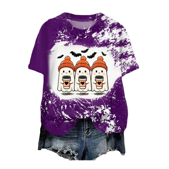 guuuGxd Womens Halloween Tshirt Fall Doodles Crew Neck Shirt Funny Family Party Celebration Short Sleeve Halloween Shirts Women Pumpkin Graphic Tops Purple,XL