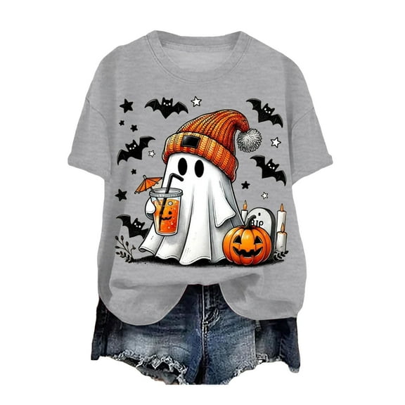 guuuGxd Womens Halloween Tshirt Fall T-Shirt Family Tops Cute Autumn Pumpkin Graphic Halloween Shirts for Women Grey,S