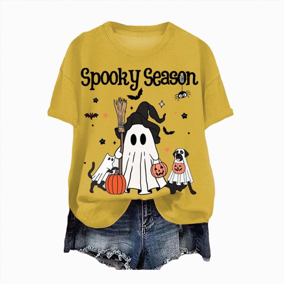 guuuGxd Womens Halloween Tshirt Fall Tee Shirt Funny Graphic Clothes Halloween Shirt for Women Yellow,XXL