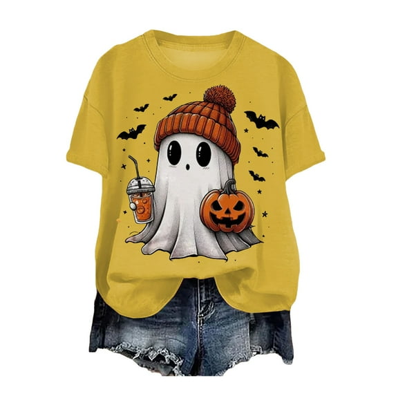 guuuGxd Womens Halloween Tshirt Fall Tee Shirt Funny Graphic Clothes Halloween Shirts Women Yellow,XL