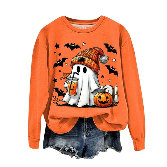 guuuGxd Womens Sweatshirt Loose Fit Long Sleeve Pullover Halloween Sweatshirt Crewneck Cute Tops for Women Comfy Tunic Top Halloween Womens Sweatshirt Orange,S