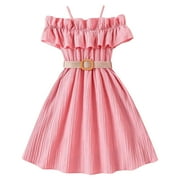 gvdentm Girls' Dresses Girl's Casual Dress Summer Scoop Neck Short Sleeve Flowy Print and Plain Sundress Pink,11Y