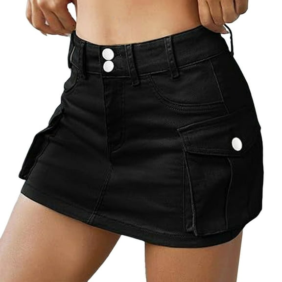 gvdentm Jean Skirt Women Mini Cargo Skirts Y2k Short Denim Skirt with Pockets Low Waist Button Jean Skirts Black,L