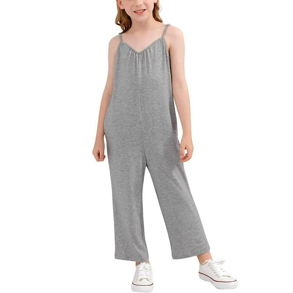 gvdentm Kids Rompers for Girls Girl's Summer Short Solid Romper Flutter Sleeve Elastic Waisted Shorts Jumpsuit Grey,L