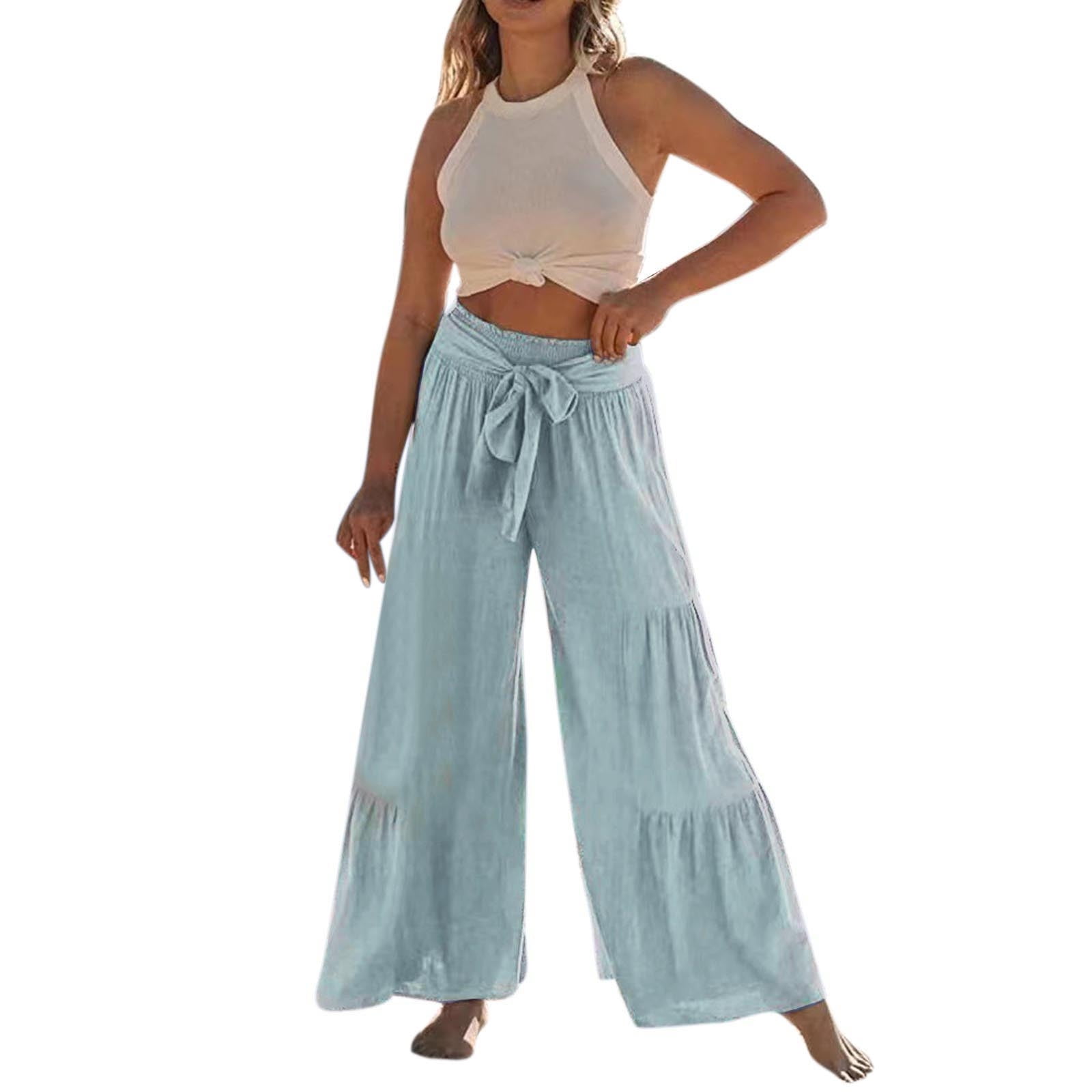 gvdentm Maternity Pants Womens Wide Leg Palazzo Pajama Pants High Waist  Tied Belt Beach Boho Loose Yoga Long Trousers Trendy 