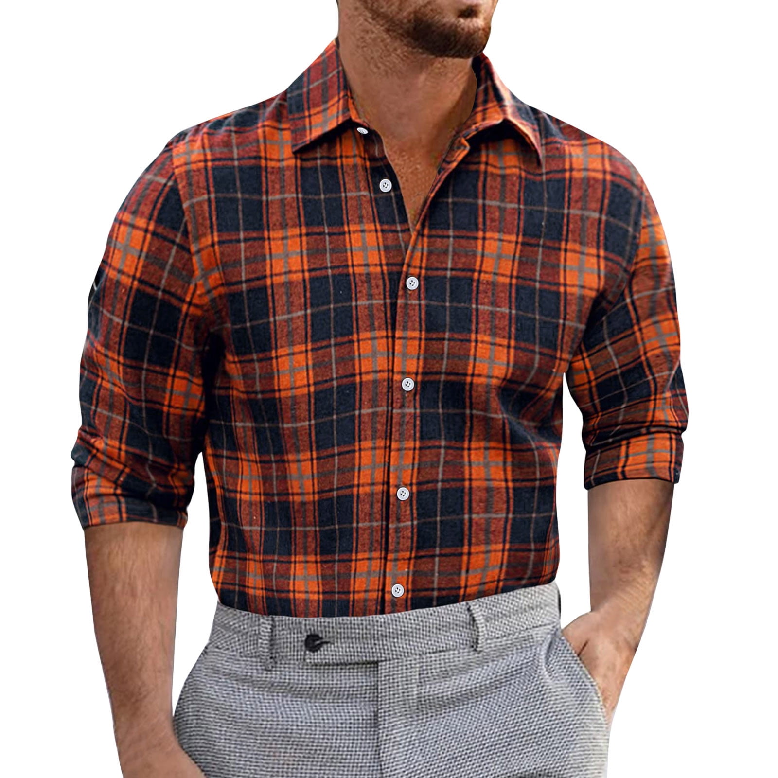 gvdentm Orange Men S Free Long Sleeve Button Down Check Shirt Shirt