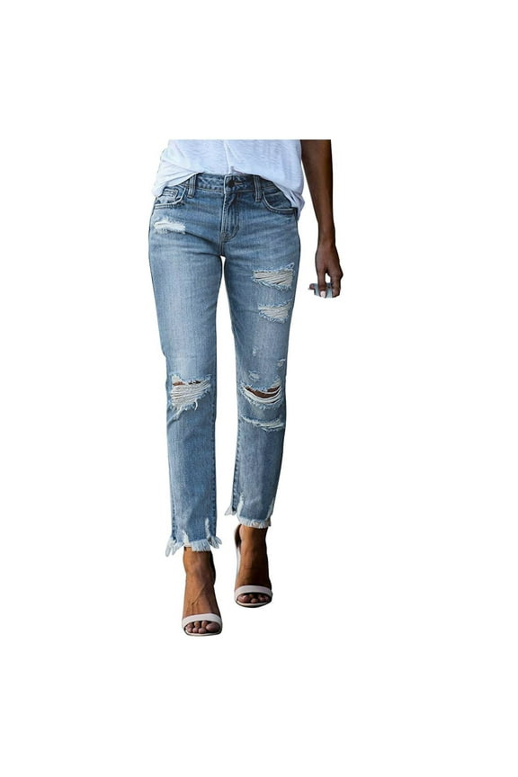 Skinny Jeans For Women Women Patchwork Destroyed Raw Hem Jeans Ripped Hole Denim Pants
