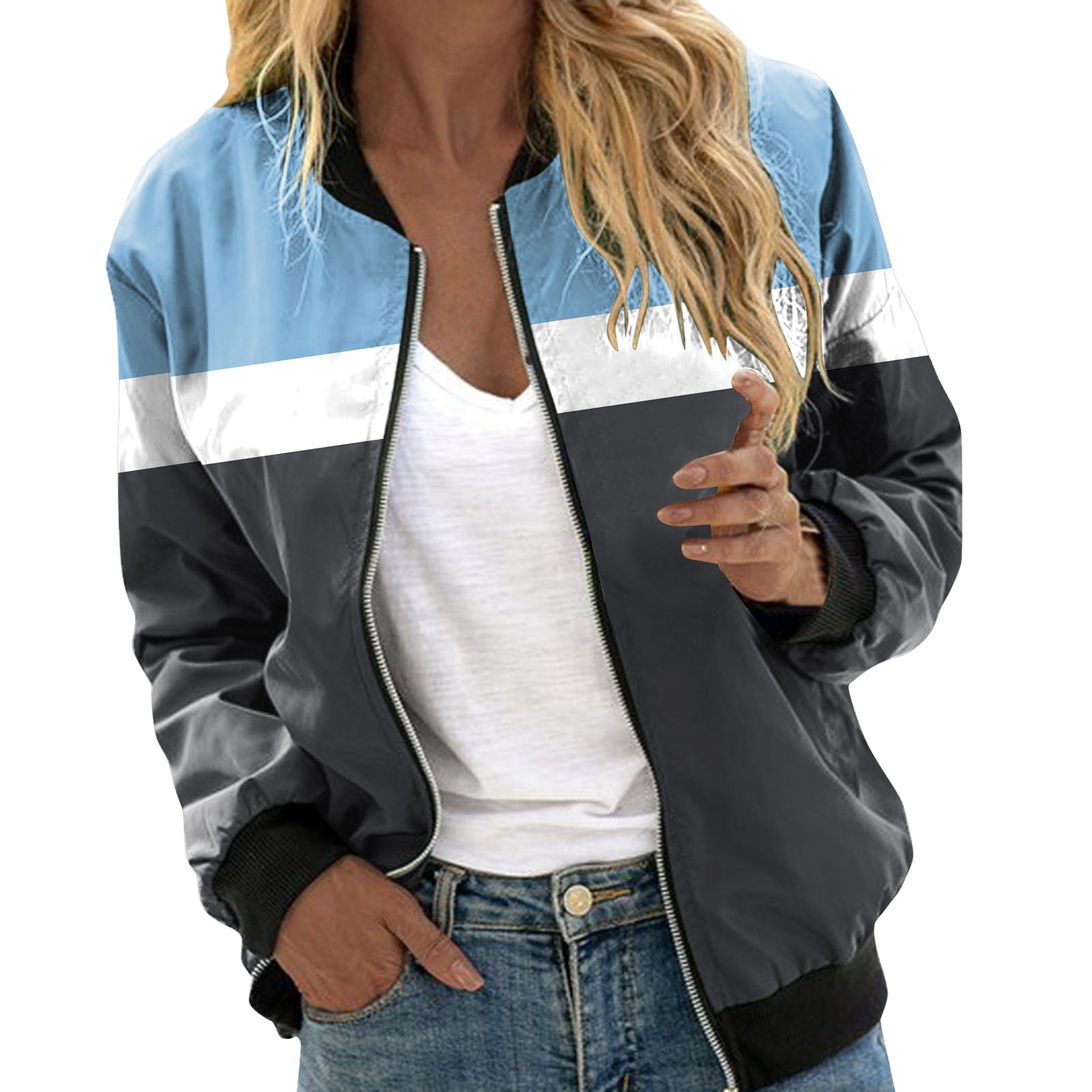 gvdentm Spring Jackets Women s Letter Print Single Long Sleeve Colorblock Bomber Jacket Light Blue M Walmart