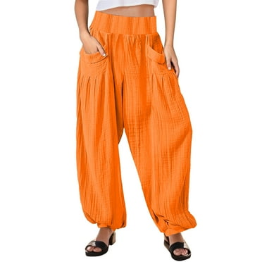 gvdentm Wide Leg Pants for Women Womens Casual Loose Pants Comfy Work Pants with Pockets Elastic High Waist Pants Orange,S