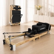 gymusclo Foldable Pilates Reformer Machine, 97" Large Wood Pilates Machine Bed with Jump Board, Sitting Box and Yoga Block, Easy Assembly Home Gym Equipment, Solid Wood Frame, 500 LBS Capacity, Oak