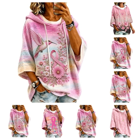 gzxflxpge Breast Cancer Awareness Shirts for Women In Octobe We Wear Pink Ribbon Print Pullover Top Casual Soft Half Sleeve Drawstring Hoodies Top Purple Pink L