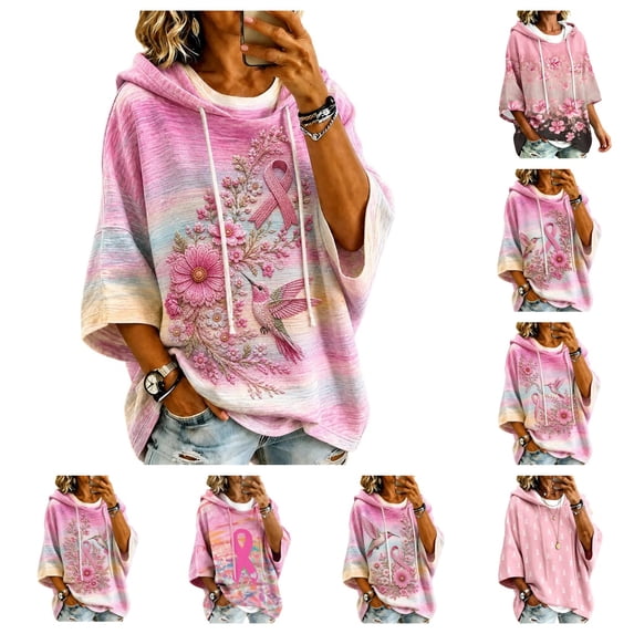 gzxflxpge Breast Cancer Awareness Shirts for Women In Octobe We Wear Pink Ribbon Wings Graphic Pullover Top Casual Lightweight Half Sleeve Drawstring Hoodies Blouse White 2XL