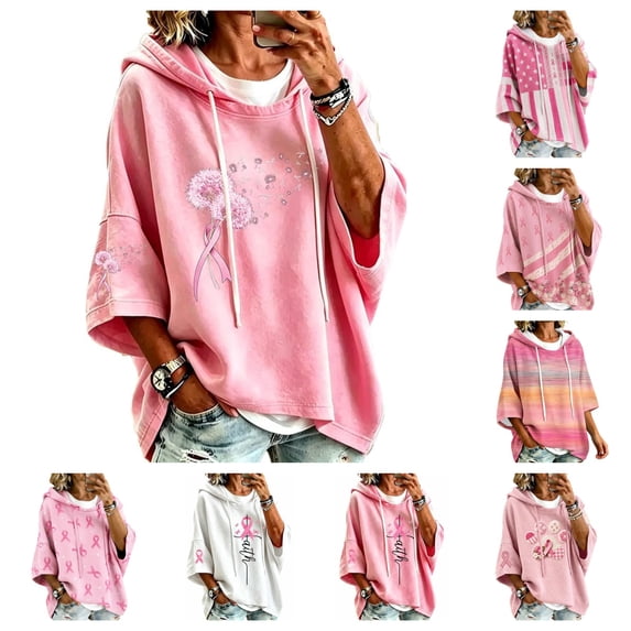 gzxflxpge Breast Cancer Shirts Women In Octobe We Wear Pink Graphic Sweatshirt Casual Breathable 3/4 Sleeve Drawstring Hoodies Tops Pink 2XL