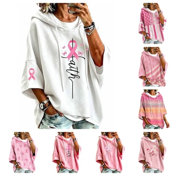 gzxflxpge Breast Cancer Shirts for Women In Octobe We Wear Pink Ribbon Print Pullover Top Casual Breathable 3/4 Sleeve Drawstring Hoodies Tees White XL
