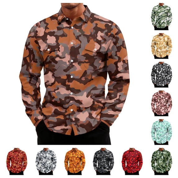 gzxflxpge Camouflage Casual Long Sleeve Shirts Men Breathable Collared Button-Up T-Shirt Fashion Classic Fit Top with Flap Pockets Brown 2XL