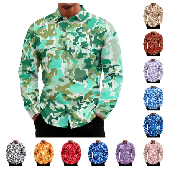 gzxflxpge Camouflage Casual Long Sleeve Shirts for Men Business Collared Button T-Shirt Fashion Regular Fit Tees Two Chest Pockets Light Green S