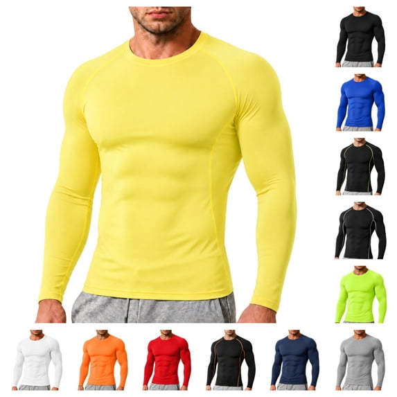 gzxflxpge Compression Shirts for Men Cusual Quick Dry Lightweight Breathable Long Sleeve Athletic Workout Tops Regular Fit Stretch Workout Undershirts Yellow M