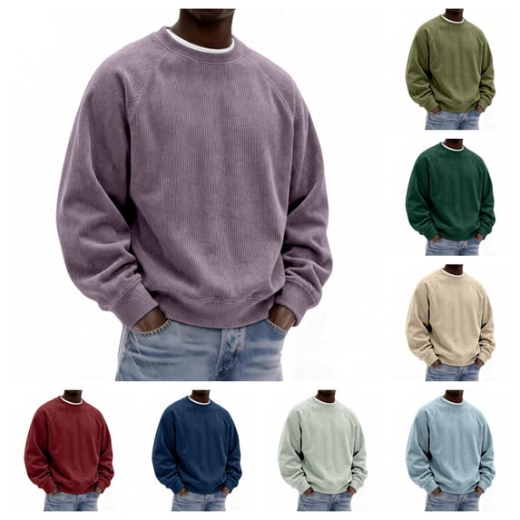 gzxflxpge Corduroy Casual Sweatshirt Men Cozy Lightweight Comfy Long Sleeve Crew Neck Sweater Fall Winter Funky Relaxed Fit Pure Color Pullover Light Purple XL
