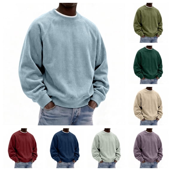 gzxflxpge Corduroy Casual Sweatshirt for Men Essential Long Sleeve Crewneck Sweater Fall Winter Fashion Baggy Solid Color Pullover Light Blue L