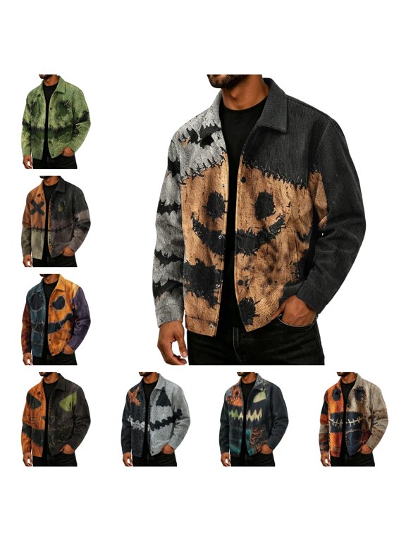 Halloween Corduroy Jacket for Men Casual Ghost Skeleton Pumpkin Printed Collared Long Sleeve Outerwear Fall Winter Fashion Vintage Clothes Gray XL