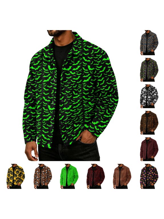 Halloween Corduroy Jacket for Men Spooky Funny Scary Graphics Casual Long Sleeve Collared Coat Fall Winter Vintage Trendy Clothing Green M