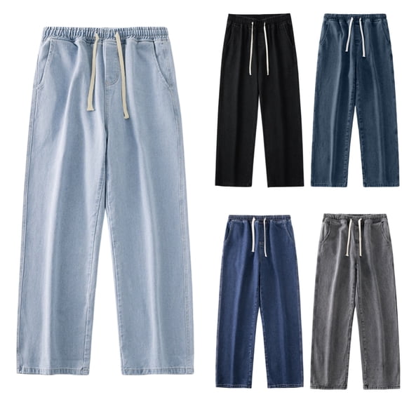 gzxflxpge Jeans for Men Casual Straight Leg High Waisted Relaxed Fit Denim Pants Vintage Stretch Drawstring Streetwear Trousers with Pockets Light Blue 3XL
