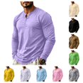 thumbnail image 1 of gzxflxpge Long Sleeve Henley Shirts Men Casual Regular Fit Button Up T-Shirt Spring and Fall Funky Basic Solid Color Pullover Top Light Purple XL, 1 of 10