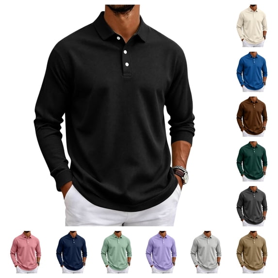 gzxflxpge Long Sleeve Polo Shirts for Men Casual Lightweight Collared Button Up Golf Tshirts Stylish Relaxed Fit Solid Color Tops for Athletic Black XL