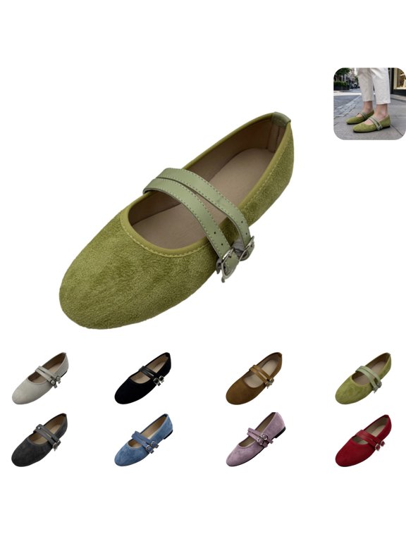 Mary Jane Shoes for Women, Fashion Double Strap ballet flats with Buckle Accent, Comfortable Dress Shoes Green 8.5(CN-41)