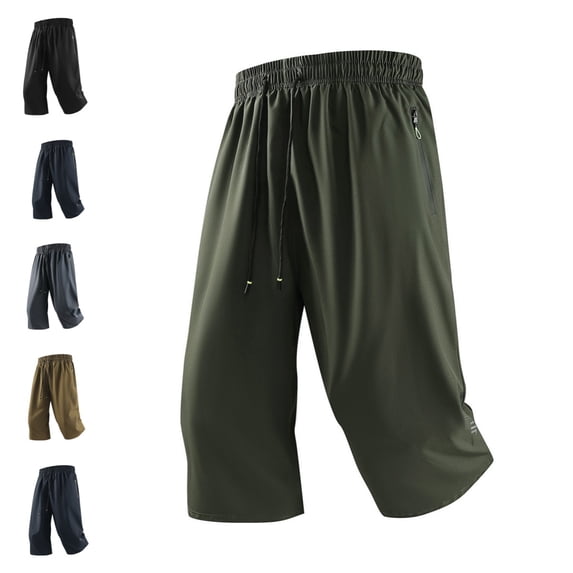 gzxflxpge Men Knee Length Capri Shorts Quick Dry Stretch Drawstring 3/4 Bermuda Shorts Stylish Loose Fit with Full Zip Pockets Hiking Shorts Army Green 5XL