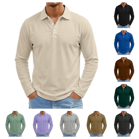 gzxflxpge Men Long Sleeve Golf Shirt Casual Streetwear Collared Button Up Golf Tshirts Trendy Loose Fit Solid Color Tops for Walking Beige 3XL