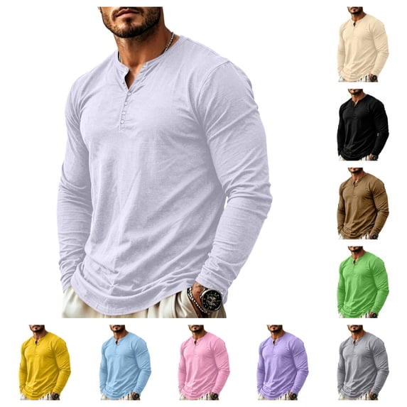 gzxflxpge Men Long Sleeve Henley Shirts Casual Regular Fit Button Up T Shirt Spring and Fall Stylish Streetwear Solid Color Sweatshirt White M