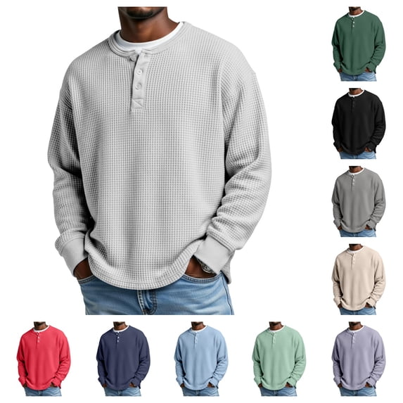 gzxflxpge Men Waffle Henley Shirts Casual Regular Fit Button Long Sleeve T Shirts Fall Winter Funky Distressed Lightweight Pure Color Sweater White S