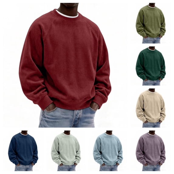 gzxflxpge Men's Corduroy Casual Sweatshirt Warm Long Sleeve Crew Neck Sweatshirt Fall Winter Trendy Baggy Pure Color Pullover Wine L