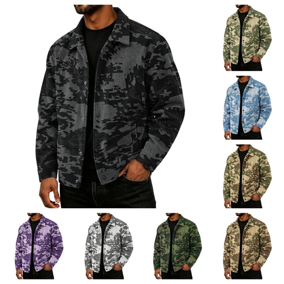 gzxflxpge Men's Corduroy Jacket Causal Classic Fit Camo Printed Snap Button-Up Coat Vintage Long Sleeve Lapel Collared Fall Winter Outwear with Pockets Black L