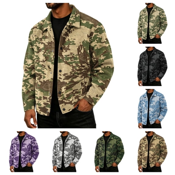 gzxflxpge Men's Corduroy Jacket Causal Relaxed Fit Camo Printed Snap Button-Up Coat Retro Long Sleeve Lapel Collared Fall Winter Outerwear with Pockets Brown M