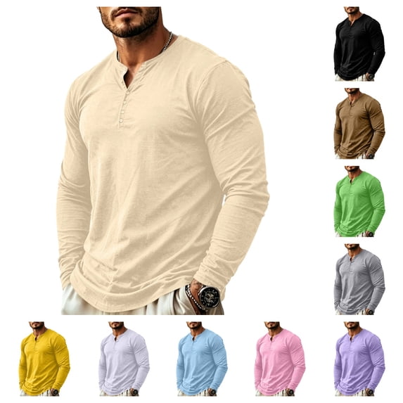 gzxflxpge Men's Long Sleeve Henley Shirts Casual Classic Fit Button Down T Shirt Spring and Fall Fashion Breathable Pure Color Pullover Top Beige 3XL