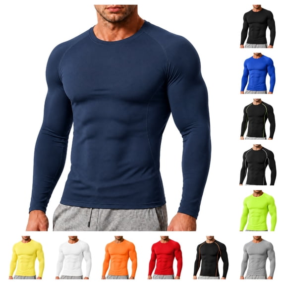 gzxflxpge Mens Compression Shirts Cusual Quick Dry Cozy Breathable Long Sleeve Athletic Workout Tops Regular Fit Elastic Athletic Base Layer Navy XL