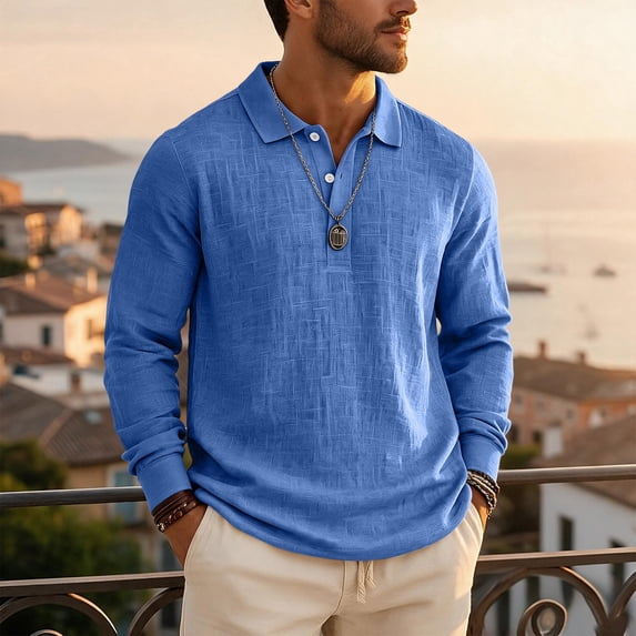 gzxflxpge Mens Linen Polo Shirt Daily Wear Button Long Sleeve Collared T Shirt Fall Winter Regular Fit Solid Color Stylish Blouse Royal Blue M