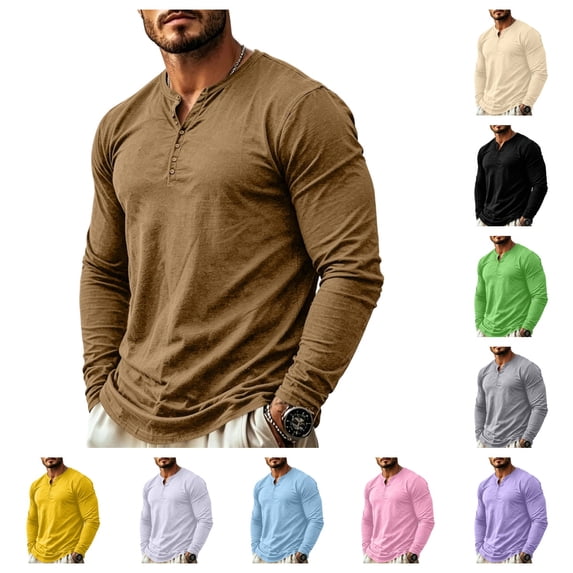 gzxflxpge Mens Long Sleeve Henley Shirts Casual Slim Fit Button Down Tshirts Spring and Fall Trendy Basic Pure Color Pullover Top Camel XL