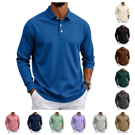 gzxflxpge Mens Long Sleeve Polo Shirts Casual Comfortable Lapel Button Down Golf T-Shirt Funky Loose Fit Solid Color Pullover for Outdoor Blue XL