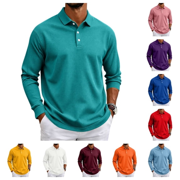 gzxflxpge Mens Long Sleeve Polo Shirts Casual Lightweight Collared Button Down Golf T Shirts Stylish Plus Size Solid Color Tops for Athletic Turquoise 3XL