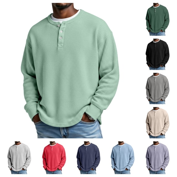 gzxflxpge Mens Waffle Henley Shirts Casual Baggy Button Down Long Sleeve T-Shirt Fall Winter Stylish Distressed Streetwear Pure Color Sweatshirt Light Green S